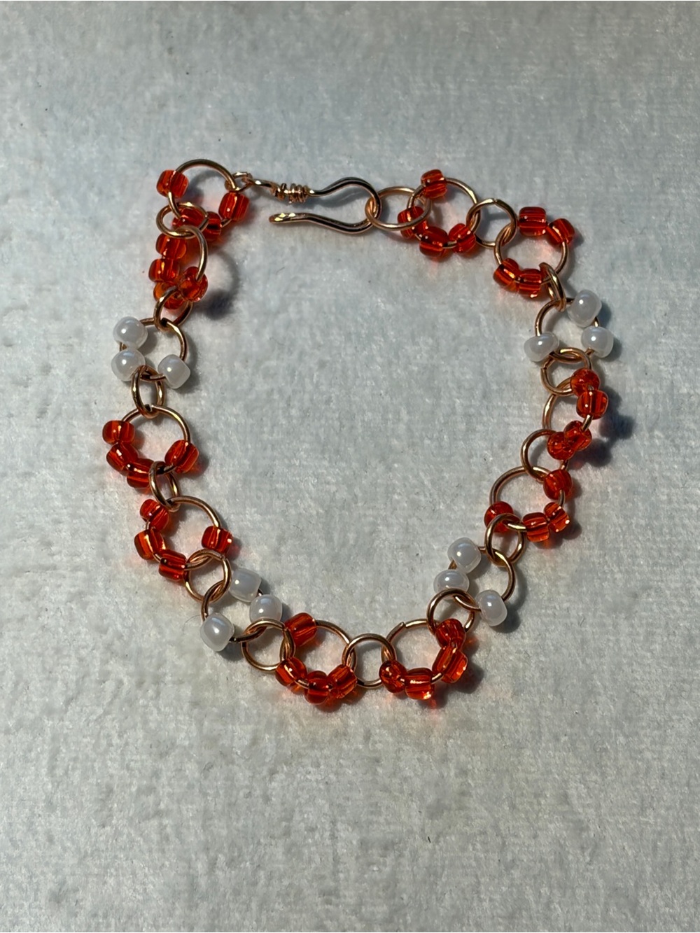 Handcrafted Red and White Beaded Copper Link Bracelet